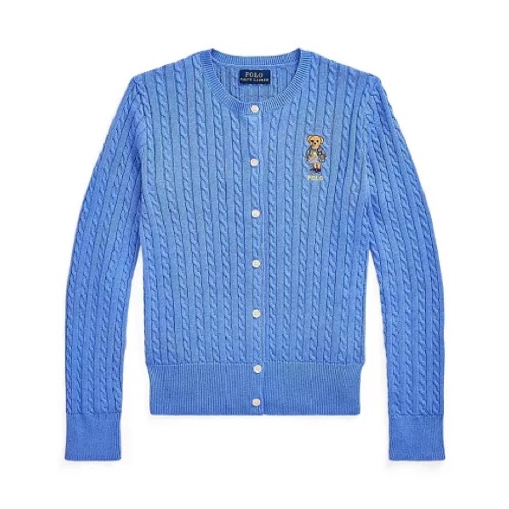 Polo by Ralph Lauren Girls Blue Cable Knit Cardigan with Bear Patch NO TAGS